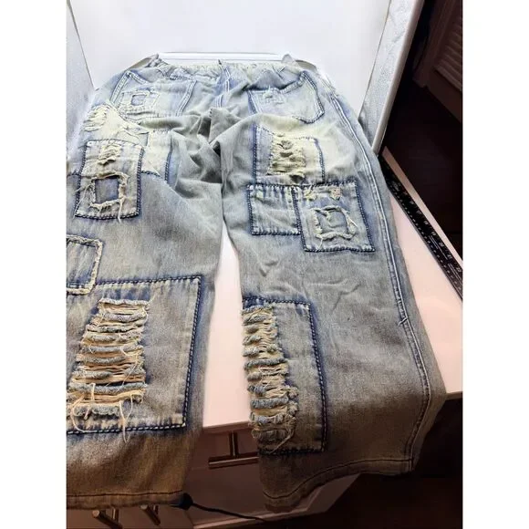 Hengsheng Jeans Women's Size 30 Light Wash Denim Patchwork Straight Leg Jeans - Picture 5 of 16